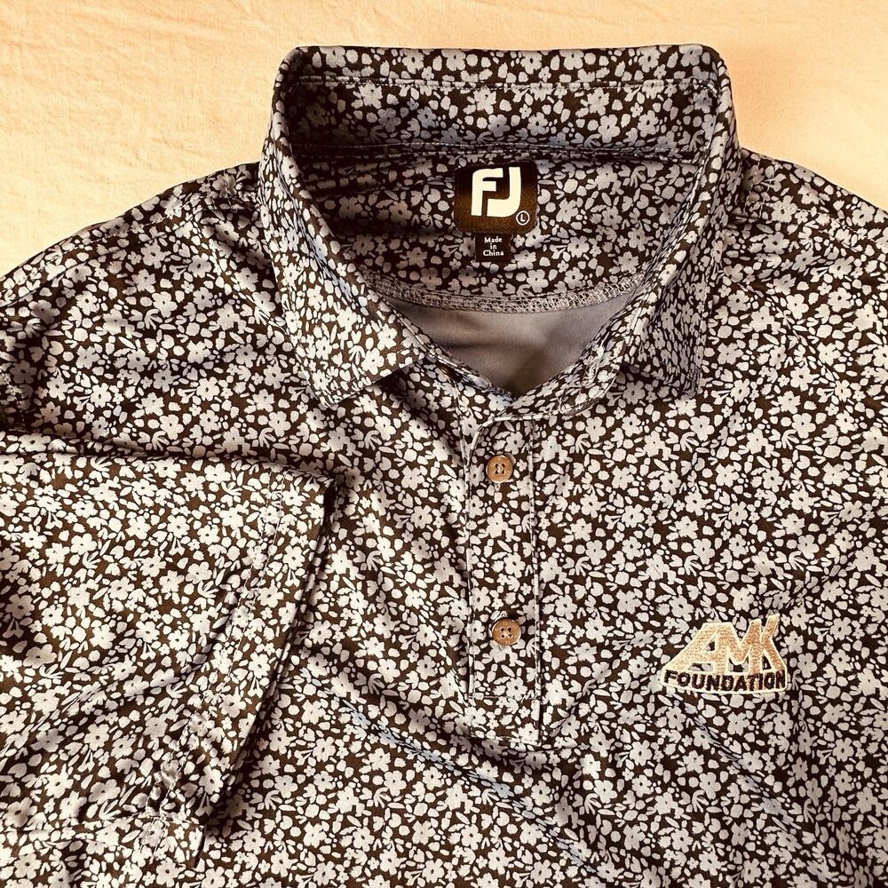 FootJoy Polo Shirt Mens L Blue Floral Flower Print Performance Golfing Stretch